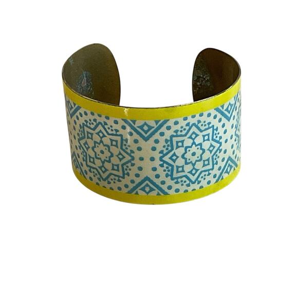 Vintage Brass Enamel Cuff Bracelet Blue Yellow Geometric Boho Modernist 1.5” - Picture 2 of 10